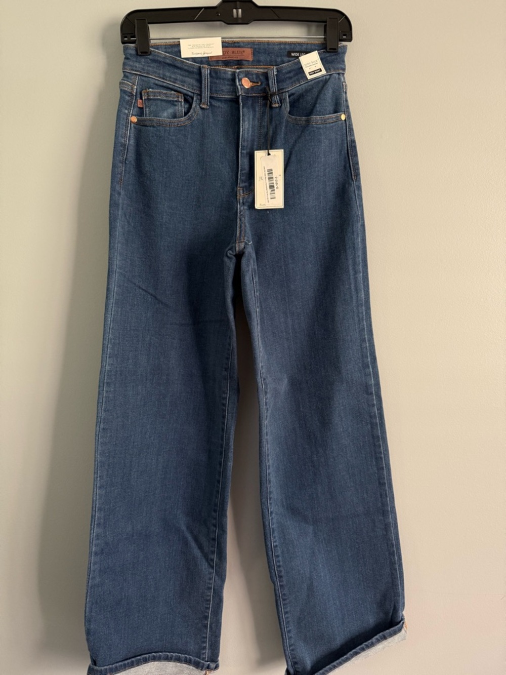 Judy, Blue, Trendy WIDE leg, high waist Jeans - Dark Blue 3/25 Tall -33”inseam
